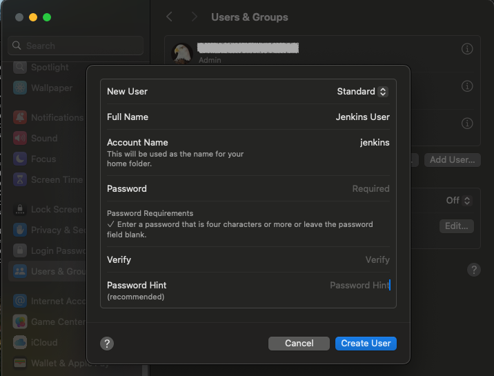 Mac OS create Jenkins User